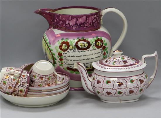 An early 19th century pink lustre part teaset and a similar ship jug